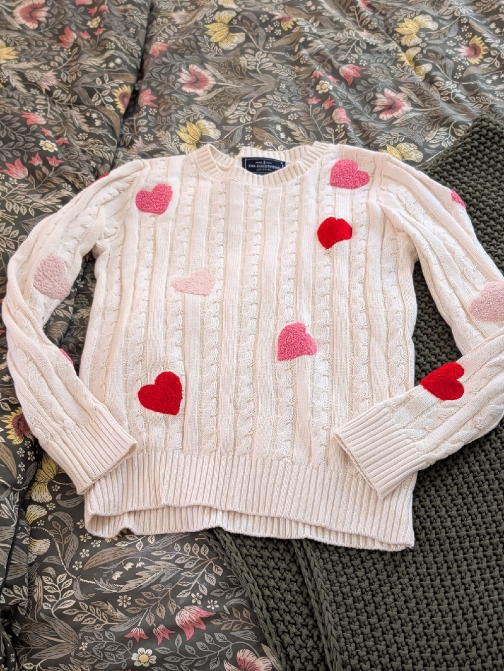 Kiel James Patrick Cream Cable Knit Sweater with Pink & Red Heart Appliqués